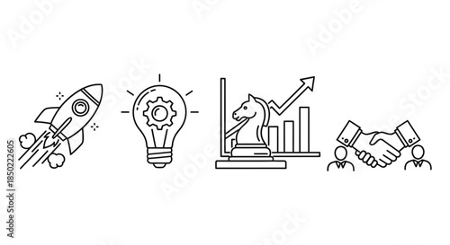 Business development icons showing startup launch idea strategy growth and successful partnership agreement completion