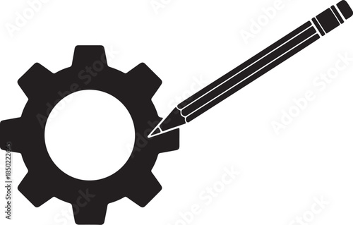 Black silhouette of a pencil a gear on a white background representing creation and engineering concepts also transparent background