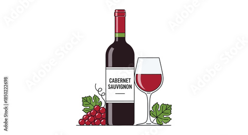 Simple line art illustration of a cabernet sauvignon wine bottle next to a full glass and grapes