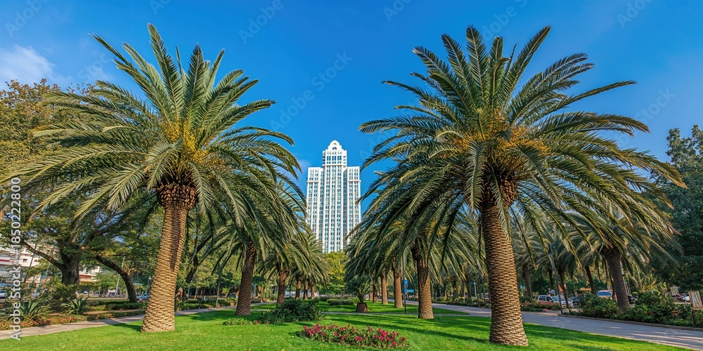 Fototapeta premium Exotic trees in a tropical garden setting, serving as a background for urban ecology study, Earth Day