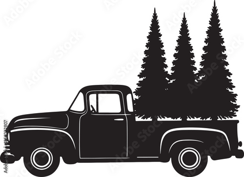 Black silhouette of a vintage pickup truck loaded with three tall pine trees in its bed vintage truck also transparent background