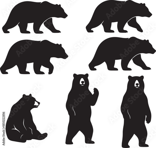 Collection of black bear silhouettes in various poses including walking, standing, and sitting grizzly also transparent background
