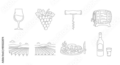 Collection of minimalist line icons representing the entire process of winemaking from vineyard to tasting glass
