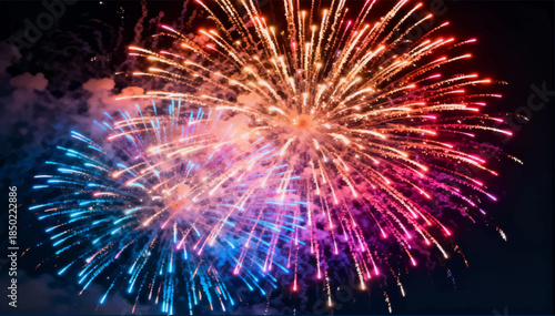 Fireworks of multiple colored explosions, radial trajectories of sparks and smooth fading are an epic festive effect. Use it for banners, holidays, and event videos. Vector. EPS_02.