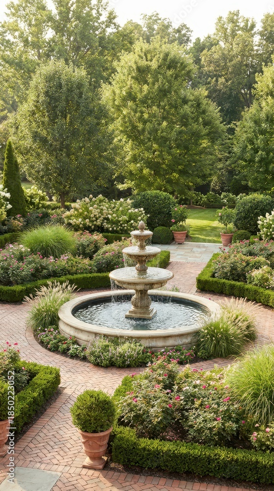 Obraz premium Elegant Garden with Fountain Surrounded by Lush Greenery and Flowers