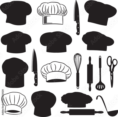 Collection of chef hats and kitchen utensils in black silhouette on a white background for culinary toque blanche also transparent background