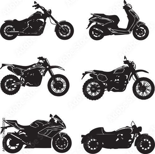 Collection of diverse motorcycle and scooter silhouettes showcasing various styles from cruisers to sport bikes and off-road models also transparent background