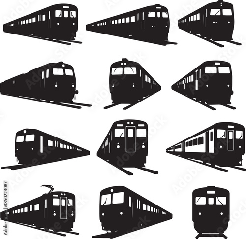 Collection of diverse train silhouettes showcasing various angles and styles of locomotives and passenger cars for transportation concepts also transparent background