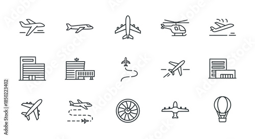 Collection of simple black line icons representing air travel transportation including airplanes helicopters and airport buildings