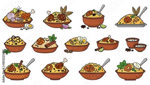Assorted Asian style noodle dishes with vegetables and toppings