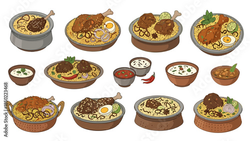 Assorted Asian noodle dishes with vegetables and proteins on a variety of bowls