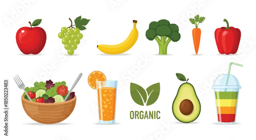 Collection of fresh fruits vegetables salad juice and organic icons perfect for healthy eating promotion