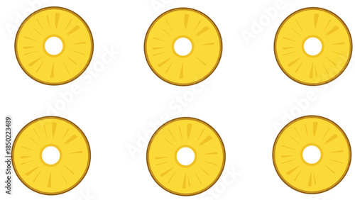Six Yellow Pineapple Slices Isolated.
