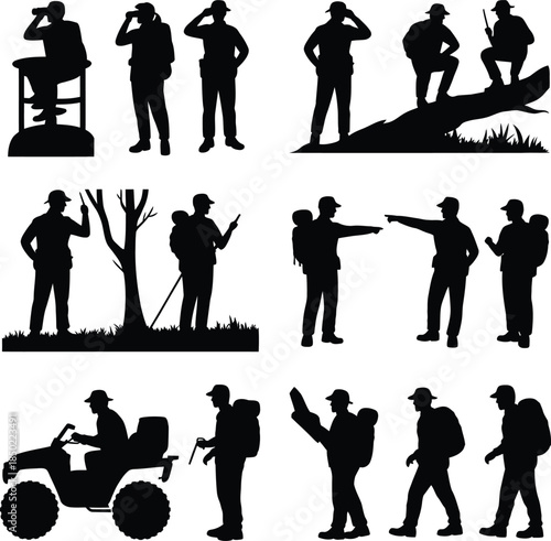 Hiker and explorer silhouettes, trekking people with backpacks vector set
