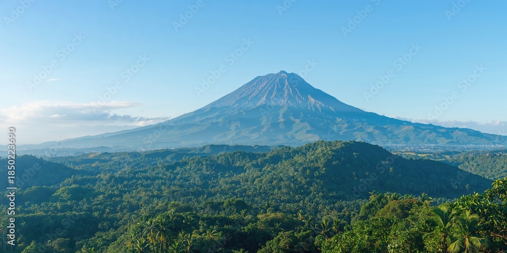Fototapeta premium View of a mountain surrounded by tropical forest under a morning sky, suitable for nature-themed backgrounds, Earth Day