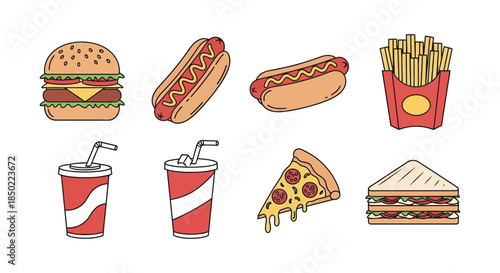 Collection of delicious fast food icons including burger hotdog fries pizza soda and sandwich items