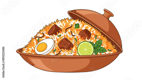 Traditional Asian Bowl with Rice Vegetables and Egg in a Rustic Serving Dish