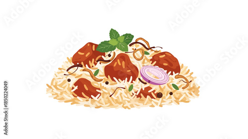 Delicious Asian stir fry with vegetables seafood and rice on a plate