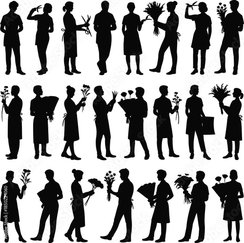 Florist silhouettes set, flower shop workers arranging bouquets vector icons