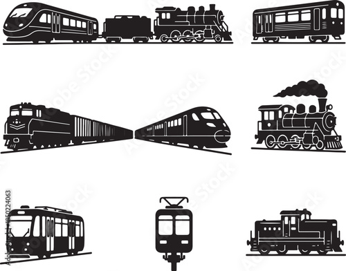 Diverse collection of train silhouettes representing different eras and types of locomotives and carriages also transparent background