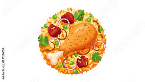 Delicious roasted chicken leg with fresh vegetables and herbs on a rustic plate