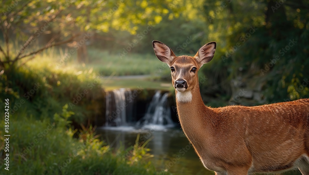 Fototapeta premium Adult female white-tailed deer amidst dense greenery with a small waterfall, highlighting natural forest ecosystems