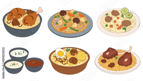 Assorted traditional Japanese dishes including ramen curry rice and tamago kake gohan served on plates and bowls