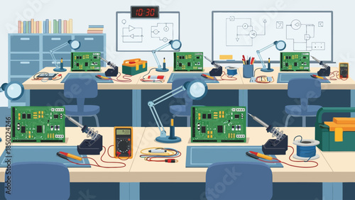 Electronics workbench with circuit boards soldering irons and multimeters