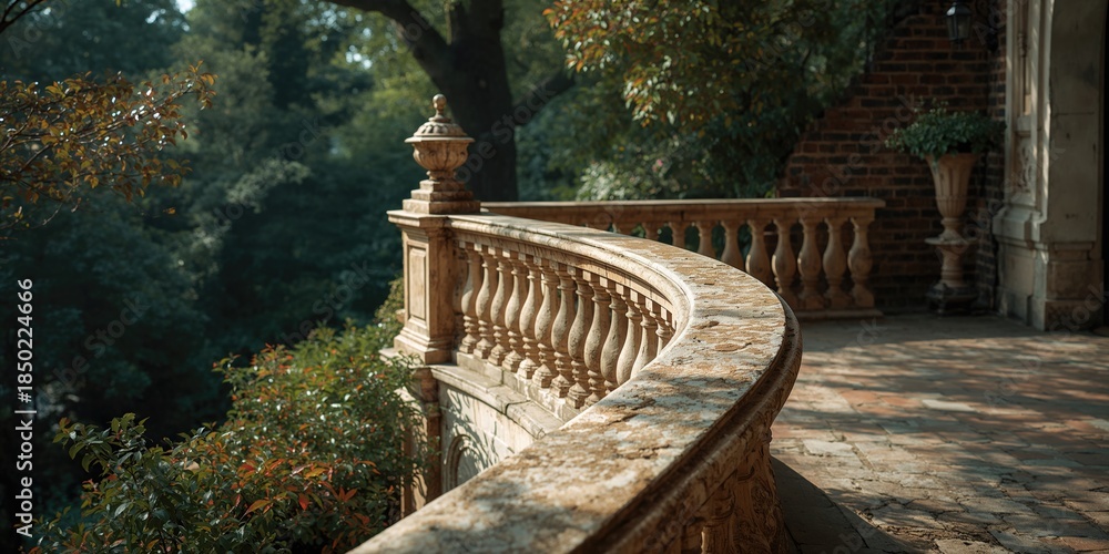 Obraz premium Old-fashioned patio featuring a stone balustrade serving as a garden boundary, highlighting historic design
