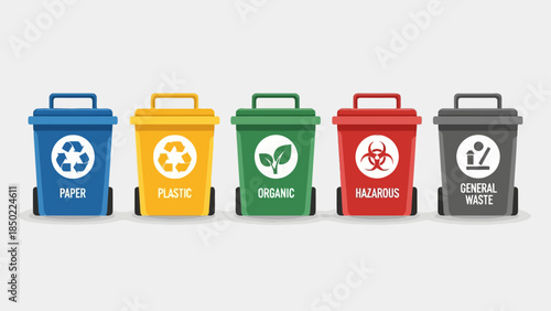 Five recycling bins labeled paper plastic organic hazardous and general waste