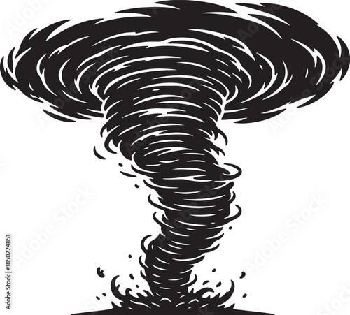 Dynamic black silhouette of a powerful tornado or hurricane swirling with debris and water splashes at its base also transparent background