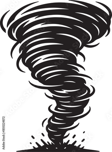 Dynamic black silhouette of a powerful tornado swirling with debris and water splashes at its base cyclone also transparent background