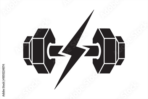 Black and white illustration of dumbbells with a lightning bolt between them