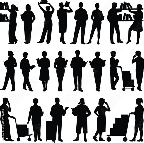 Librarian and reader silhouettes, people with books in library vector set