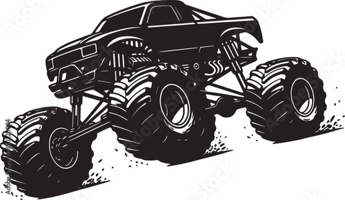 Dynamic black silhouette of a monster truck in motion, its large tires gripping the ground as it accelerates, showcasing power and speed with a stylized dust trail, also transparent background
