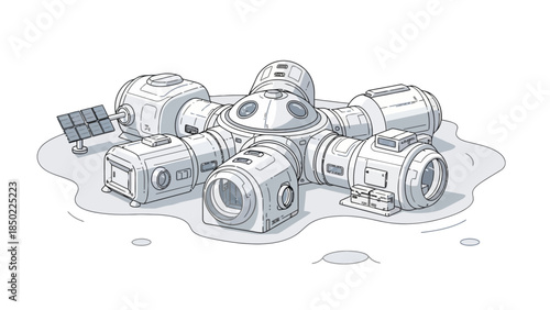 Futuristic modular space habitat with solar panels on alien terrain