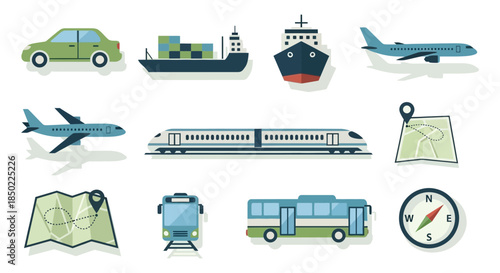 Collection of blue and orange travel and transportation icons representing global navigation and journey planning concepts