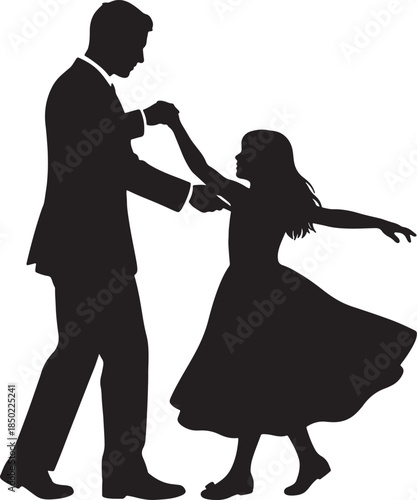 Silhouette of a man in a suit dancing with a young girl in a flowing dress, capturing a tender moment of father-daughter connection and joyful movement in a classic, style also transparent background