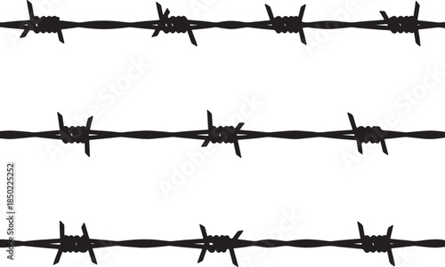 Three horizontal lines of sharp barbed wire, rendered as a stark black silhouette against a white background, symbolizing boundaries, security, restriction, or also transparent background