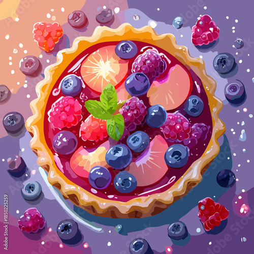 Colorful mixed berry fruit tart with glaze topping and mint leaf garnish for delicious pastry menu - Vector Illustration
