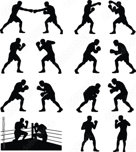 Boxer silhouettes, boxing fight and sparring match vector icons