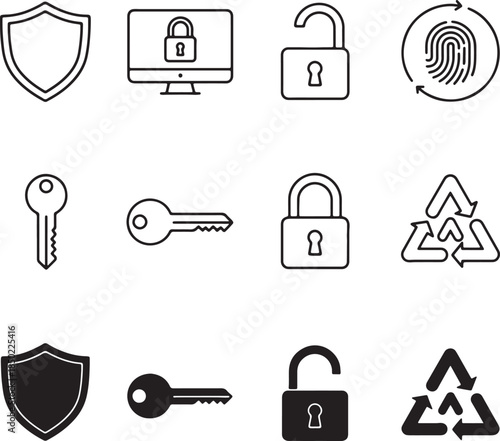 Collection of black and white security and privacy including shields locks keys fingerprint and recycling symbols representing digital safety data protection and access also transparent background