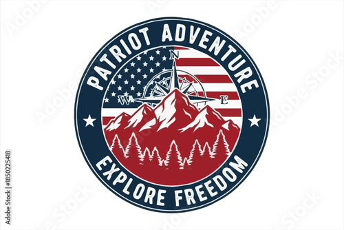 Patriot adventure emblem mountains compass american flag and text design