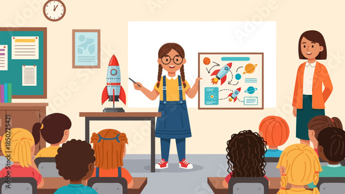 Girl presenting a rocket model and space chart to class