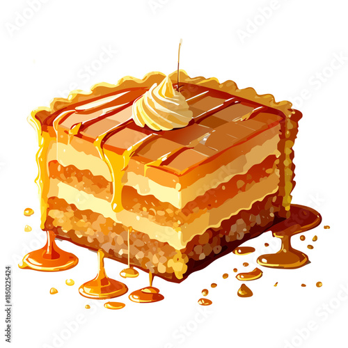Sweet layer cake with caramel drizzle and whipped cream topping served as a tasty bakery dessert - Vector Illustration
