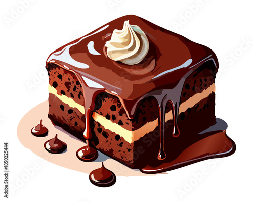 Moist chocolate sponge cake slice featuring thick dark chocolate syrup and cream topping for dessert lovers - Vector Illustration