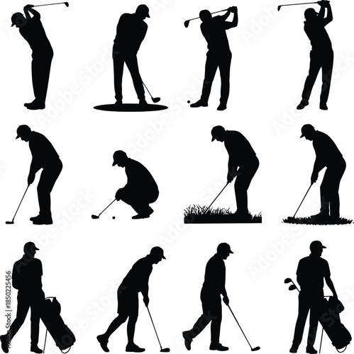 Golf player silhouettes, golfer swinging club and putting vector set