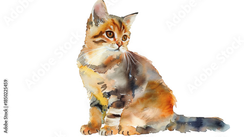 Sitting short-haired cat watercolor isolated on white background