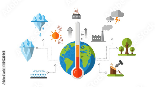 Global warming illustration with Earth thermometer and melting ice
