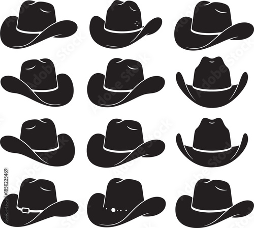 Grid of black cowboy hat silhouettes showcasing variations in brim shape and band details representing western style fashion and iconic Americana imagery also transparent background